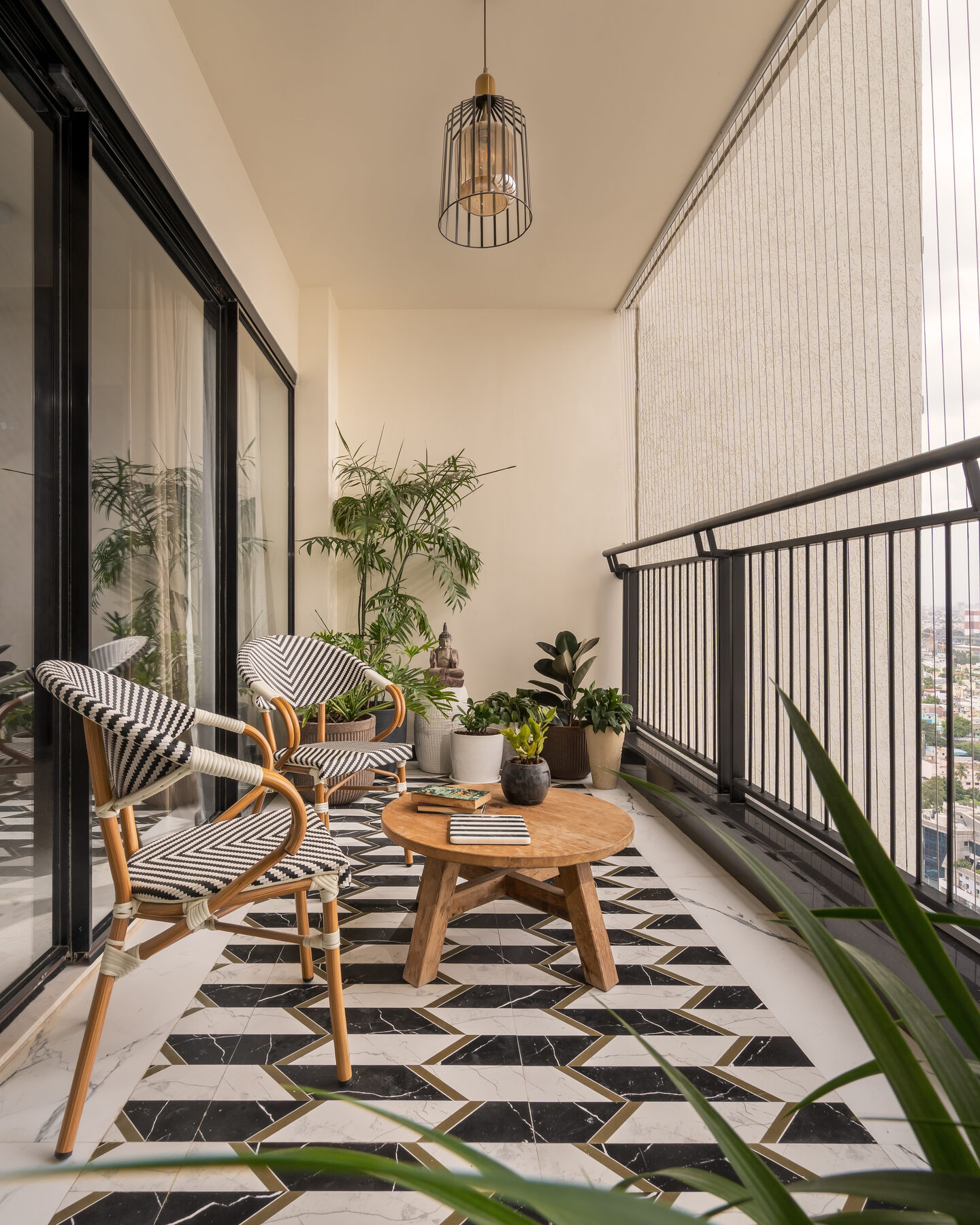 Balcony seating with patterned flooring