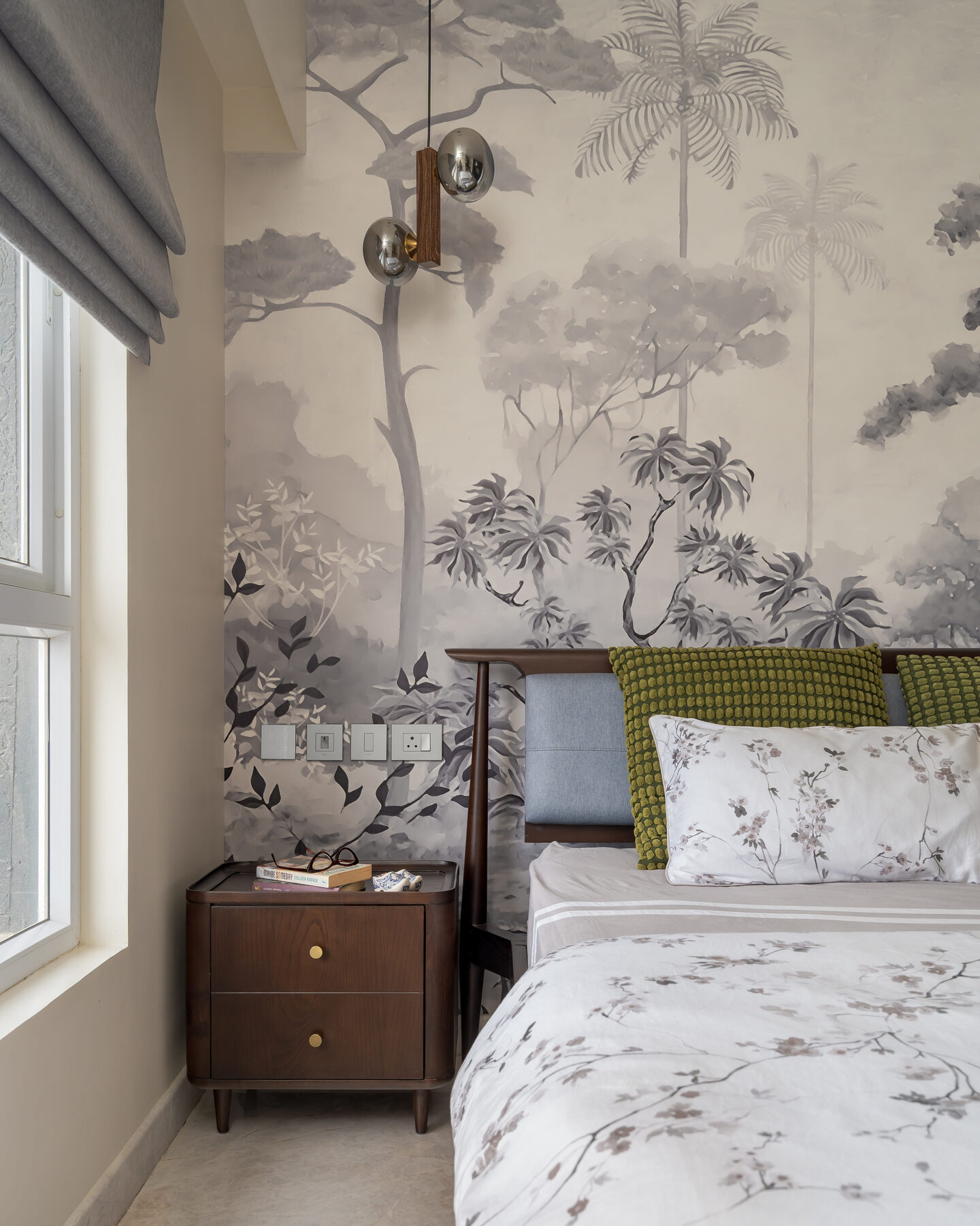 Bedroom with hand-painted forest mural wall