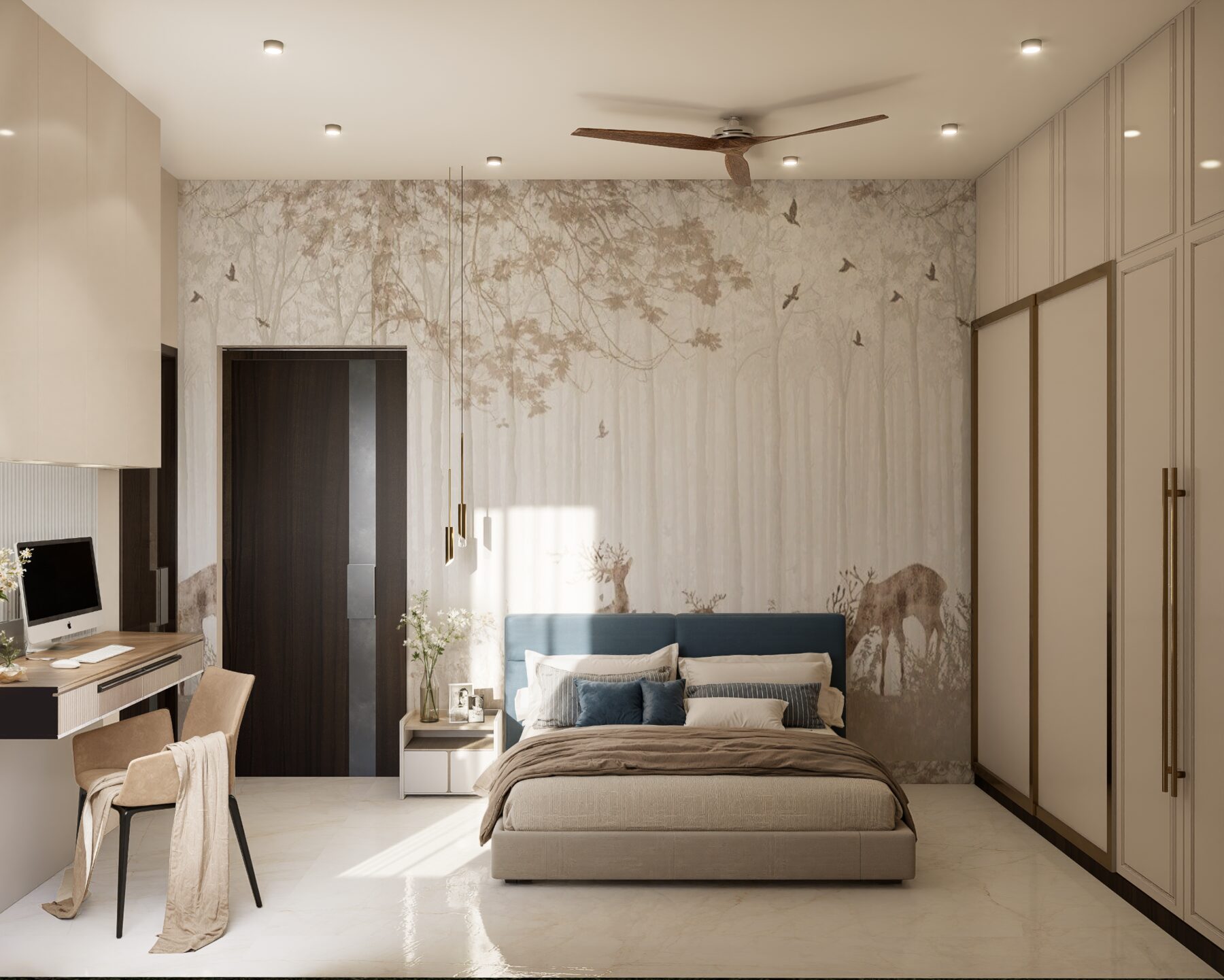Bedroom render with forest wall mural and blue headboard