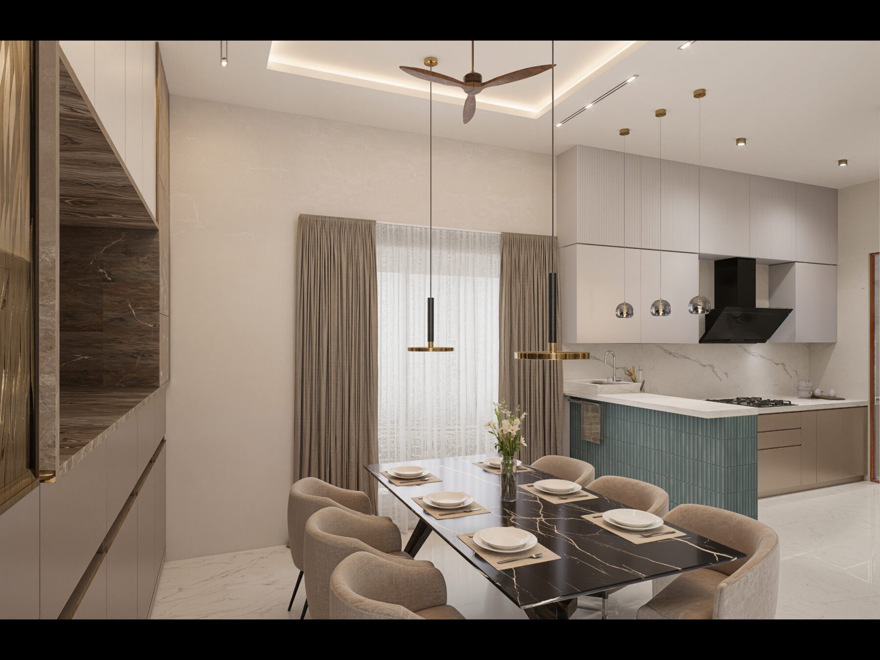 Dining and kitchen render with teal island