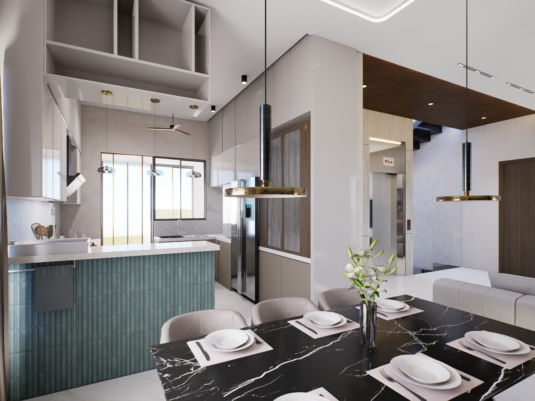 Kitchen island and dining render with lift lobby beyond