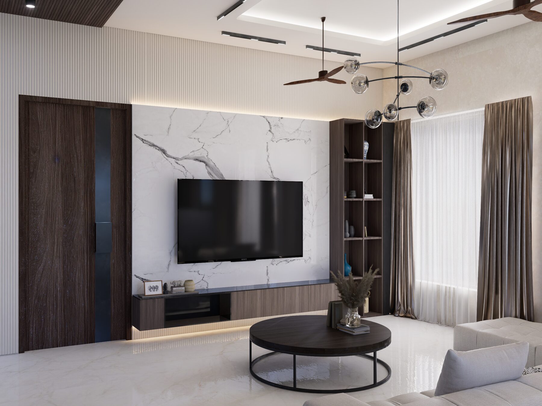 Living room render with marble TV feature wall